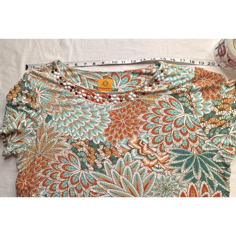 Ruby Rd XL Pullover Top Beaded Neckline Coral Teal Short Sleeve Stretch - Picture 5 of 13